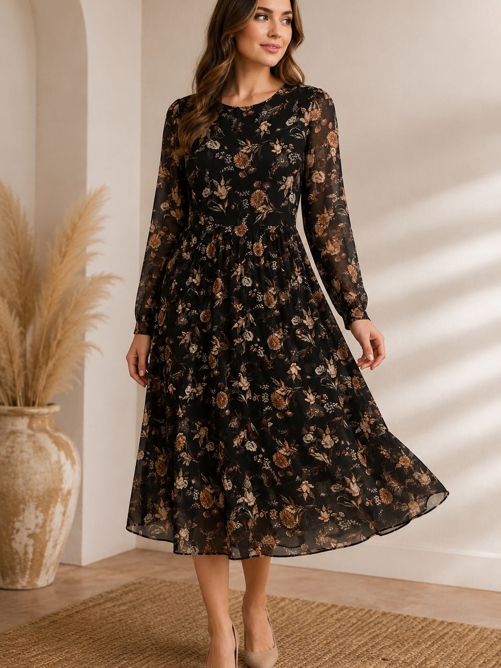 A Beautiful Soul Floral Chiffon Midi Dress Long Sleeve Boho Romantic Sz 8